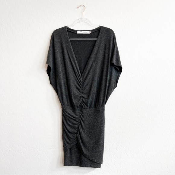 IRO Women’s Abandon Mini Sweater Dress Soft Asymmetrical Ruching Gray Deep-V Med - Picture 2 of 7